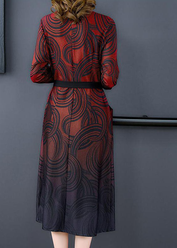 Red V Neck Patchwork Print Silk Cinch Dress Fall