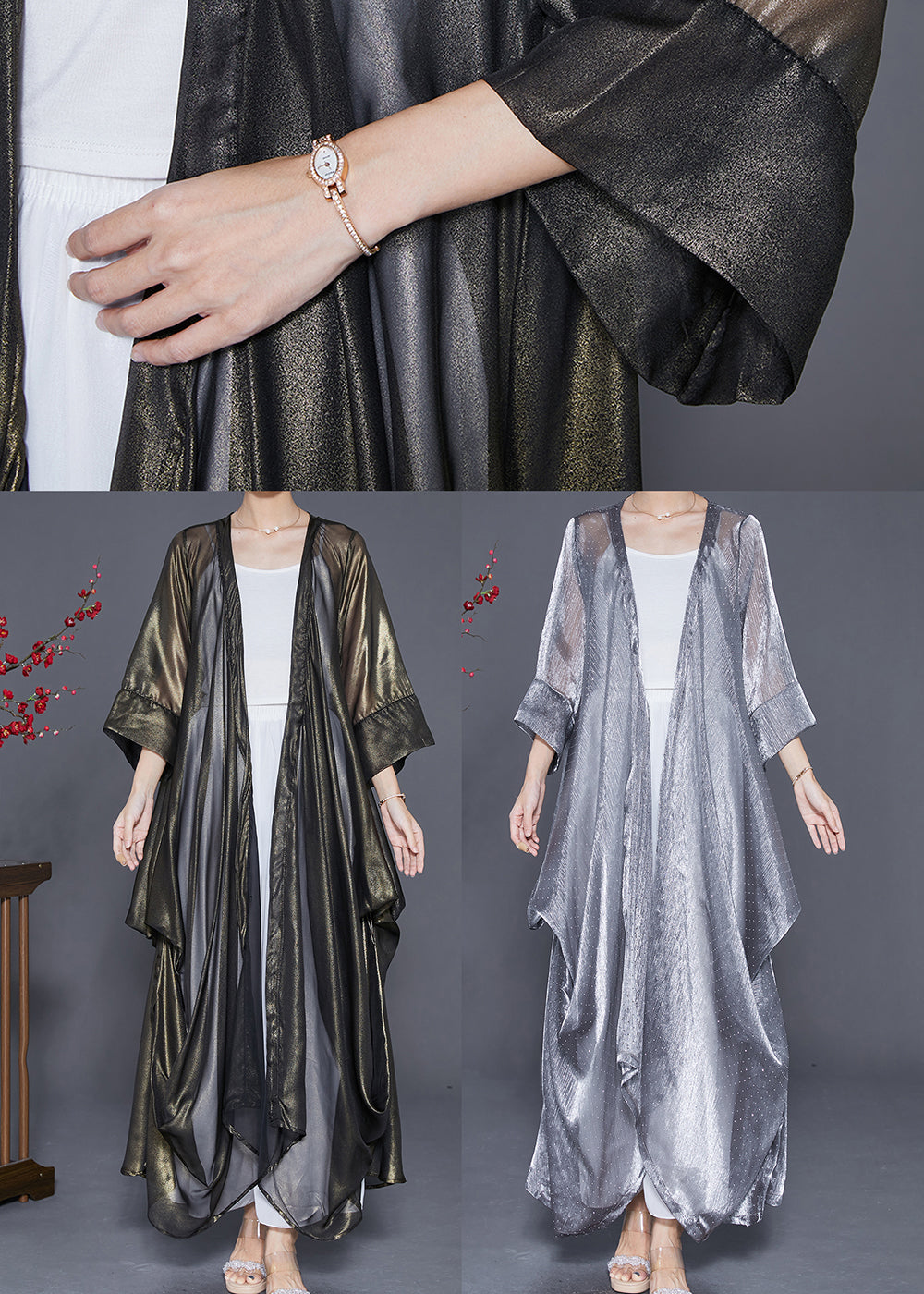 Silver Oversized Wrinkled Silk Long Cardigan Summer