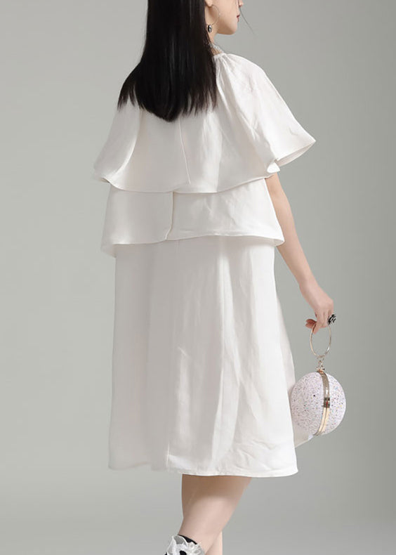White O Neck Ruffled Patchwork Cotton Mid Dresses Summer