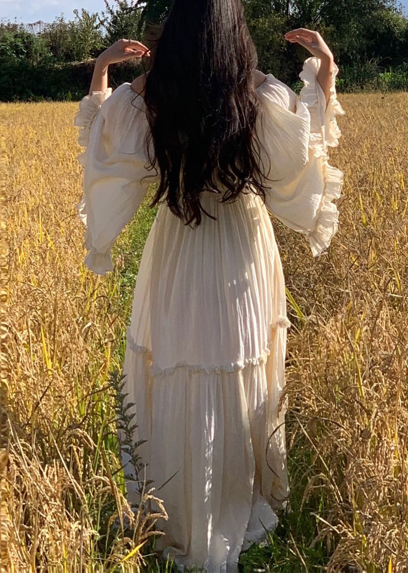 White Ruffled High Waist Cotton Maxi Dress Flare Sleeve