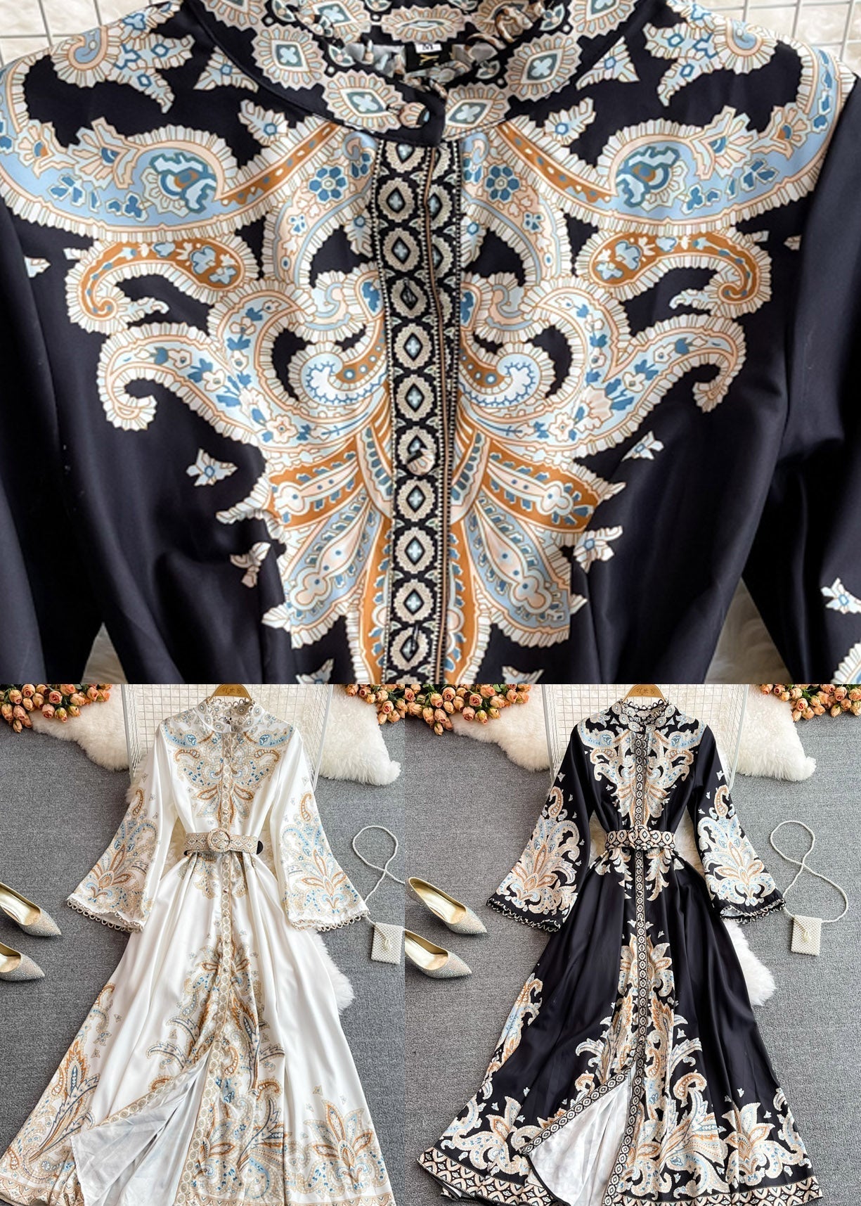 White Stand Collar Print Wrinkled Long Dresses Puff Sleeve