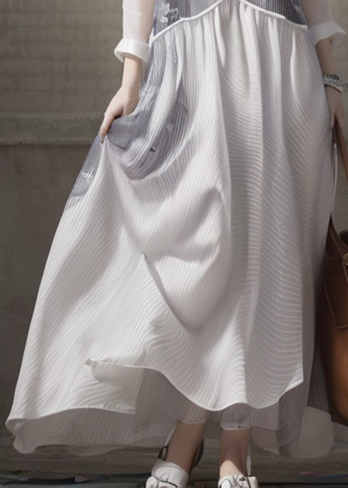 White V Neck Patchwork Silk Dresses Long Sleeve