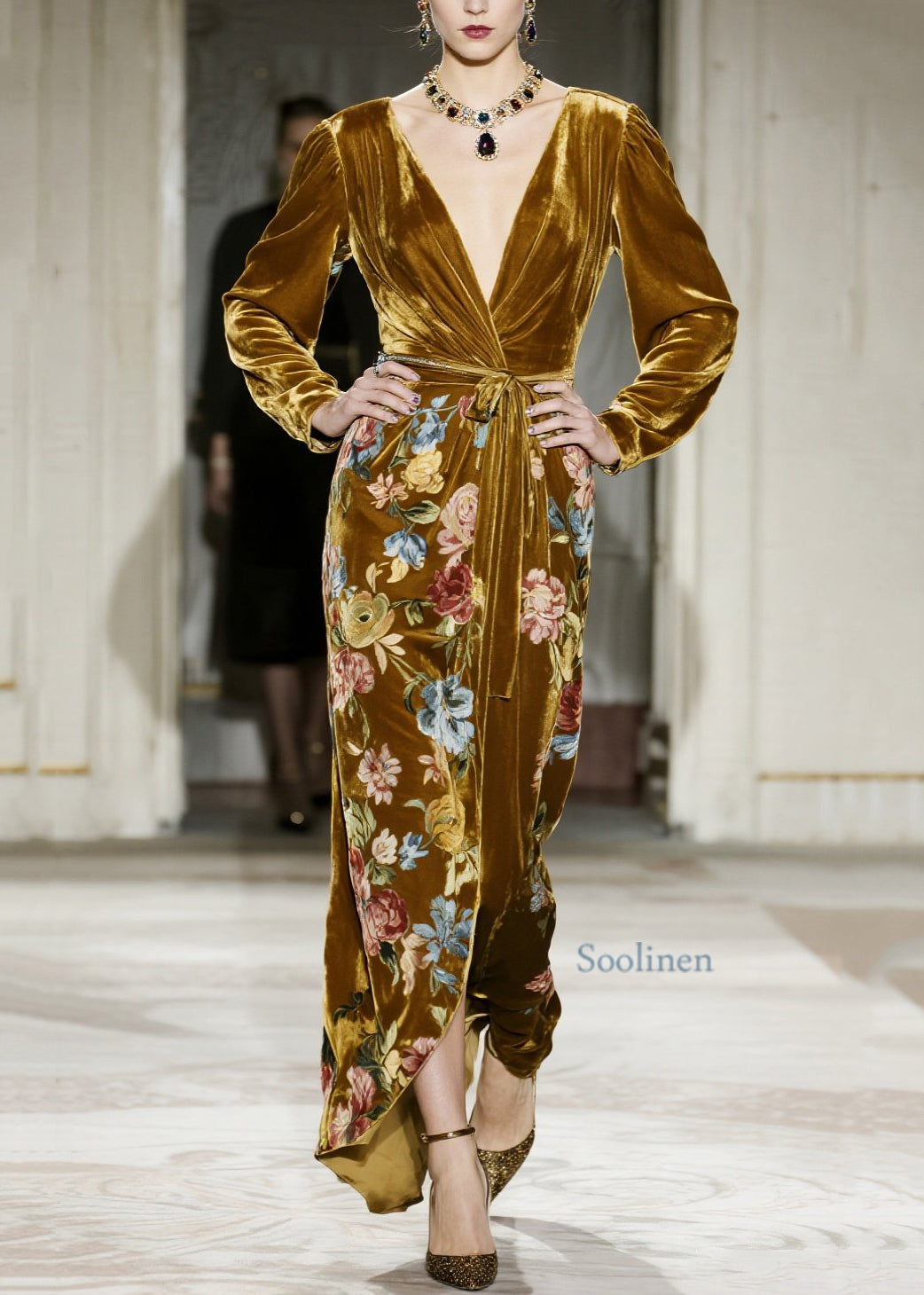 Yellow V Neck Print Velvet Maxi Dresses Spring