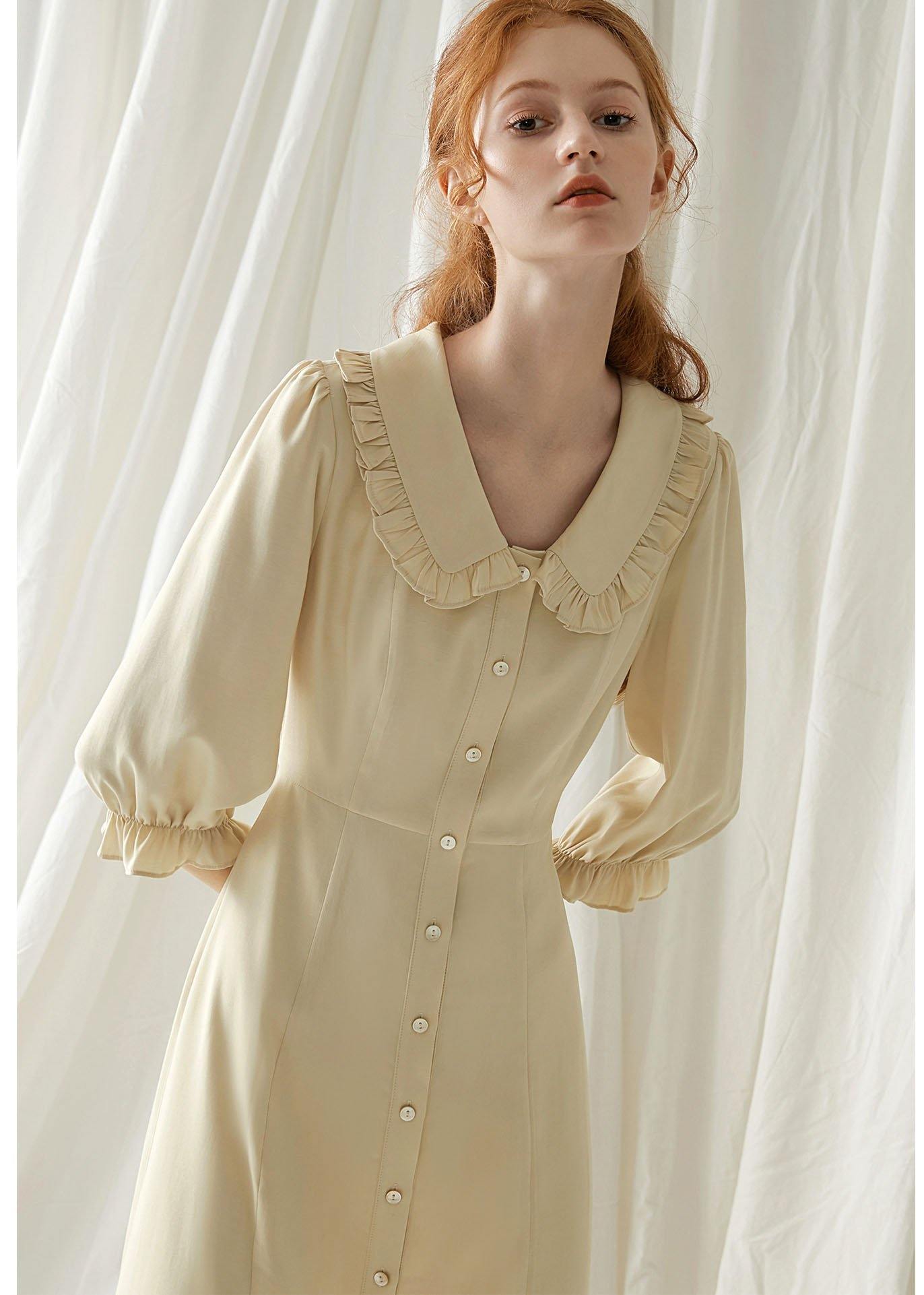 Beige Nude Blended Quilting Dresses Peter Pan Collar Cotton Fall Dresses