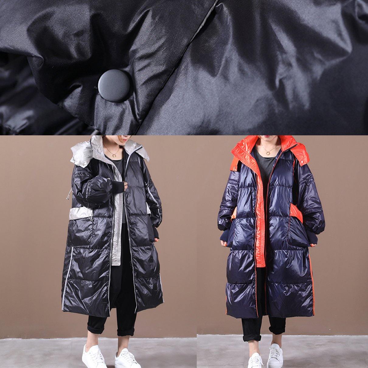 Black Down Jacket Woman Hooded Patchwork Winter Outwear