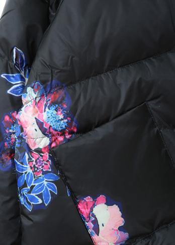 Black Print Warm Winter Coat Loose Fitting Parka Stand Collar Pockets Fine Overcoat