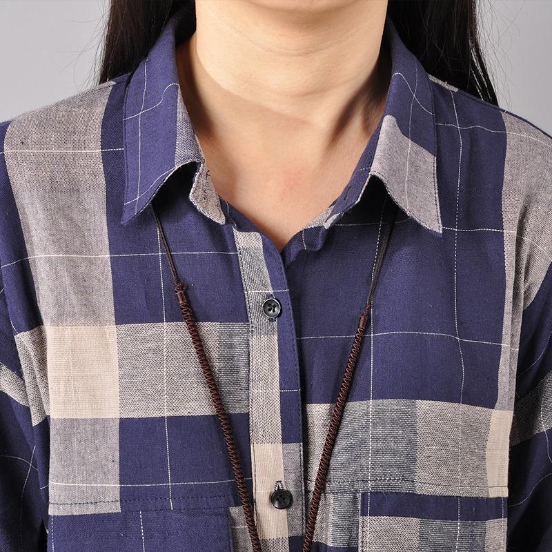 Blue Cotton Dresses Cotton Maxi Dress Lapel Collar Plaid Cotton Dress