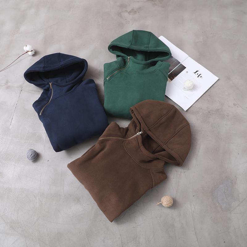 Elegant blue hooded cotton shirts zippered Plus Size Clothing winter tops