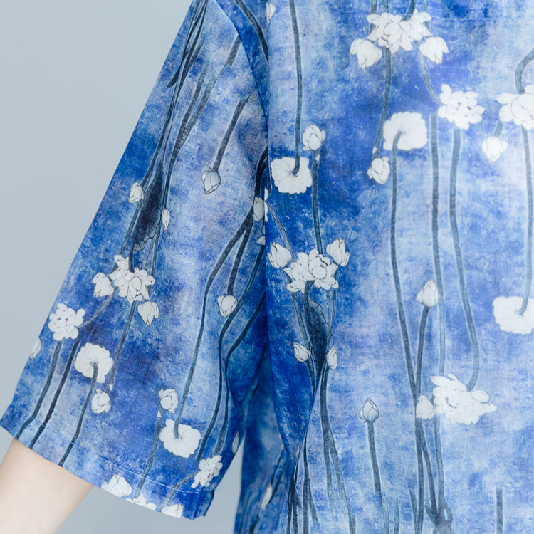 Green Print Cotton Linen Pullover Cotton Linen Clothing Tops Half Sleeve Square Collar Tops