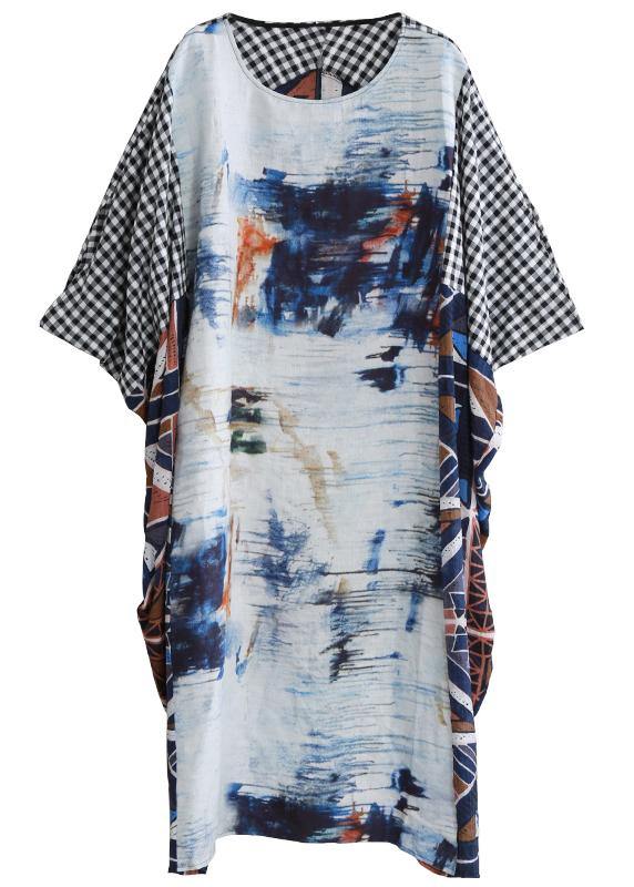 O Neck Batwing Sleeve Long Dress Runway Blue White Print Dress