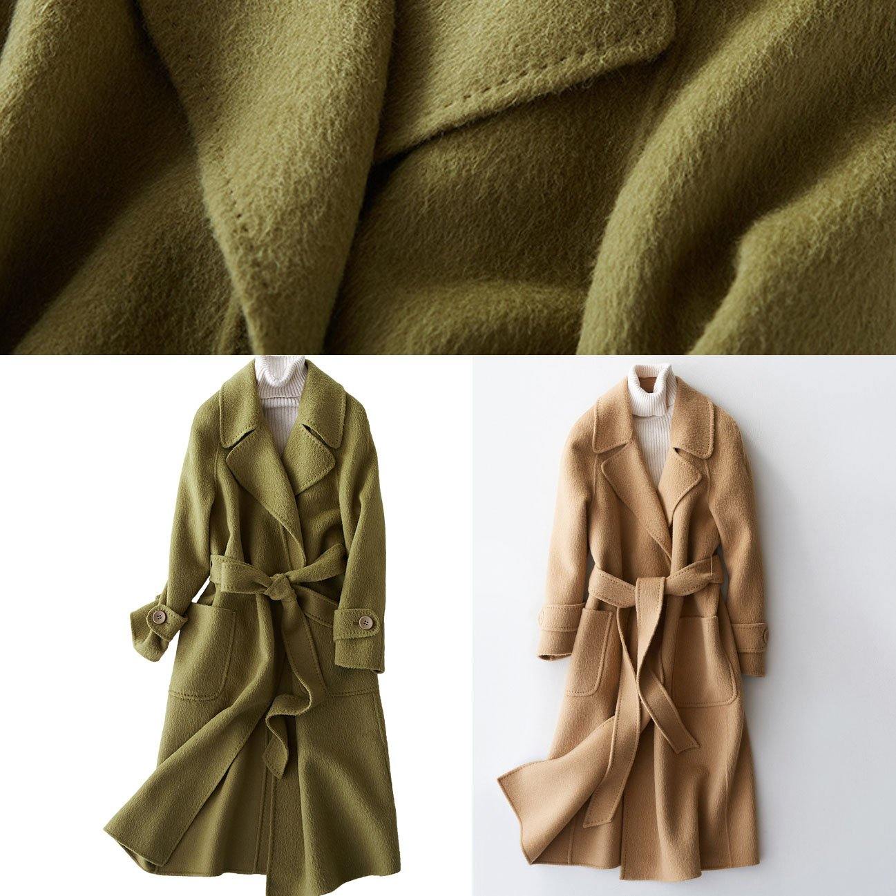 Clothing Long Jackets Lapel Collar Coats Khaki Tie Waist Wool Overcoat