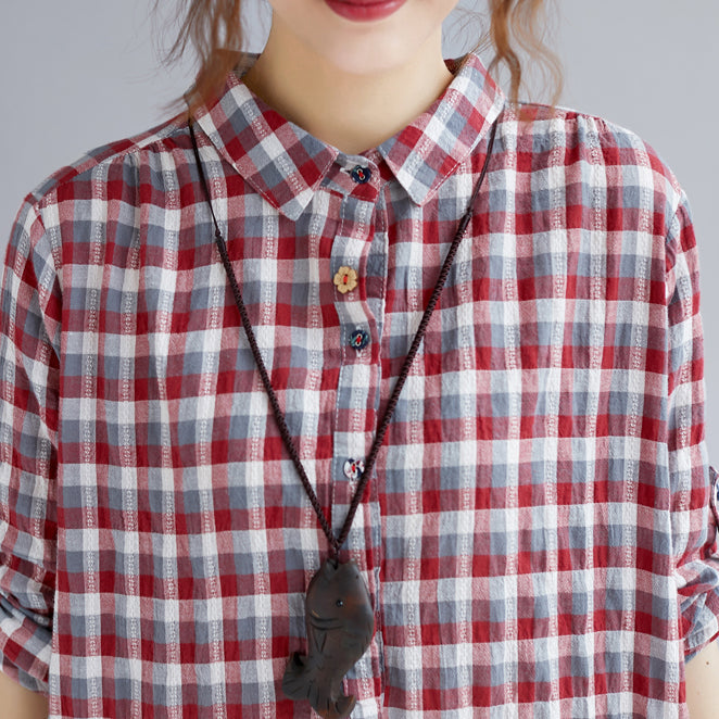 Red Plaid Cotton Maxi Shirt Dress Oversize Turn-down Collar Gown Long Sleeve Side Open Cotton Shirt Dresses
