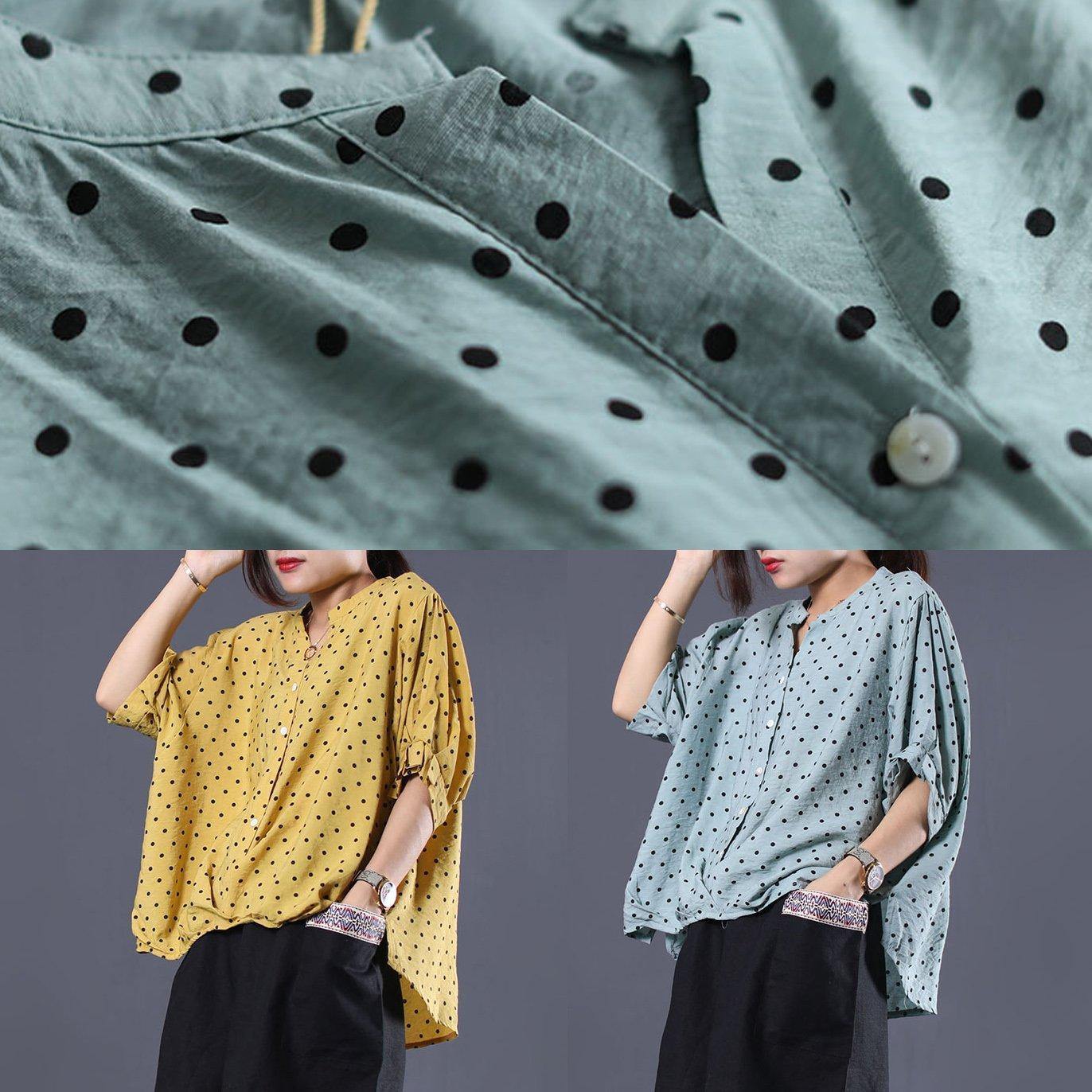V Neck Cotton Clothes for Shape Yellow Asymmetric Dotted Shirt Summer