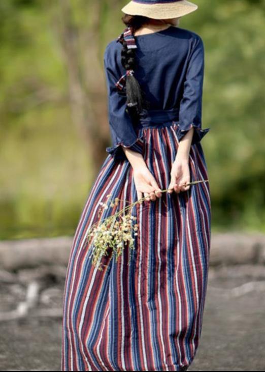 V Neck Patchwork Striped Spring Quilting Dresses Catwalk Navy Dress