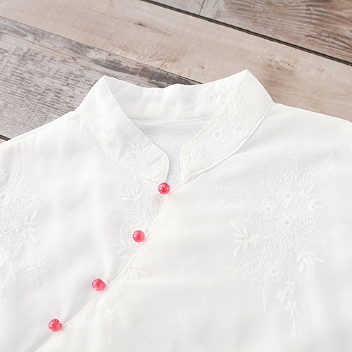 White Chiffon Dress Stand Half Sleeve Party Dress Patchwork Embroidery Beach Dress
