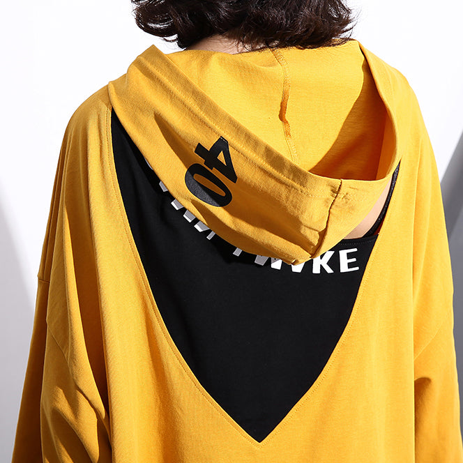 Elegant yellow natural cotton t shirt trendy plus size hooded traveling clothing vintage back side open cotton t shirt