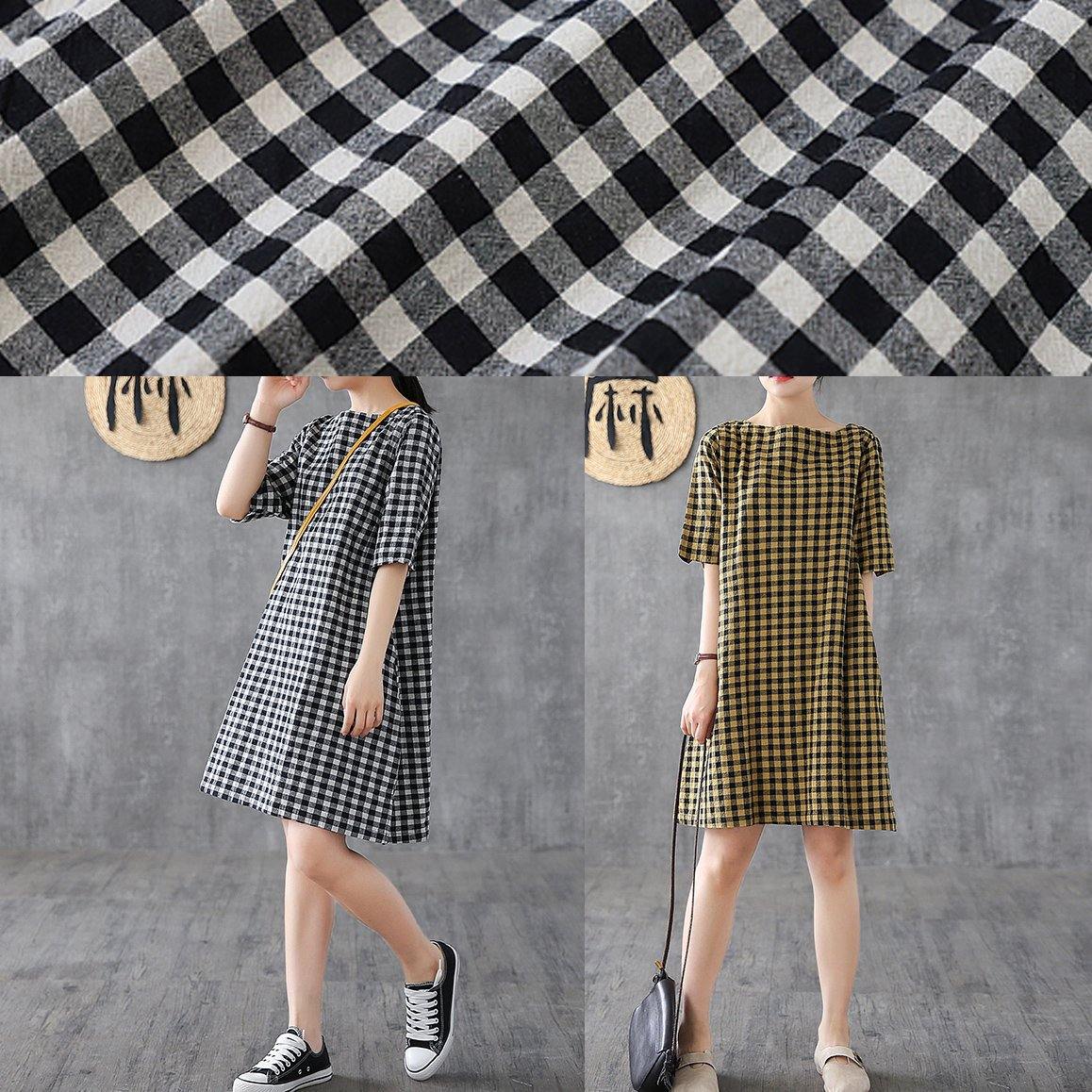 Yellow Plaid Linen Tunics O Neck Half Sleeve Midi Summer Dress