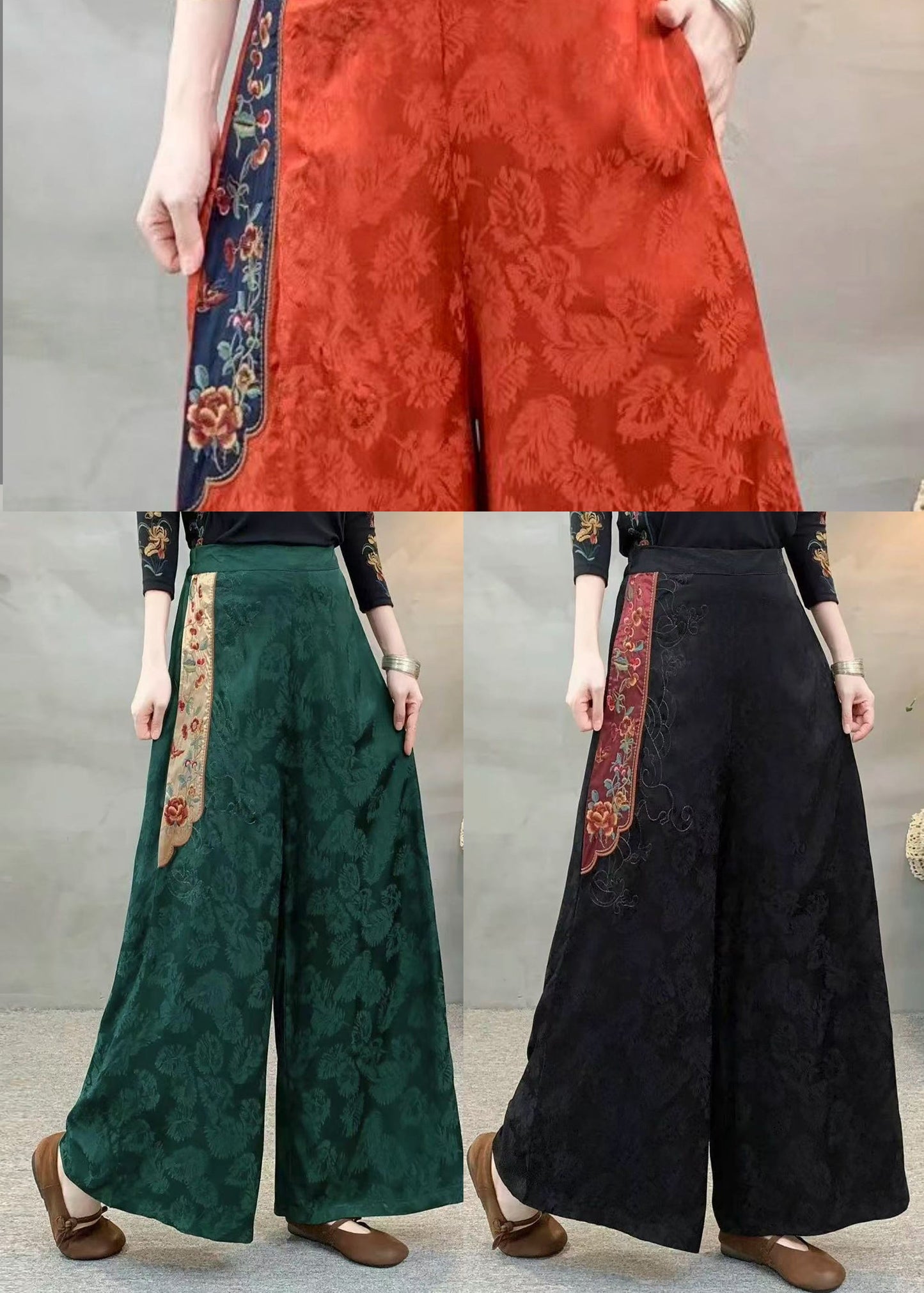 Style Black Embroidered Patchwork Silk Pants Spring