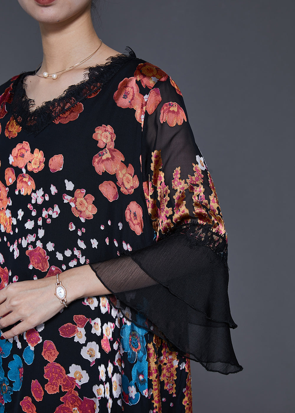 Black Asymmetrical Print Silk Dresses Flare Sleeve
