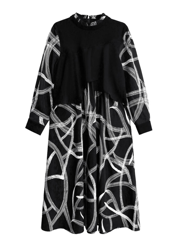 Black False Two Pieces Patchwork Cotton Dresses Spring