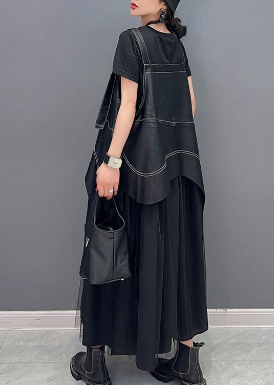 Black Faux Leather Asymmetrical Patchwork Tulle Dresses Summer