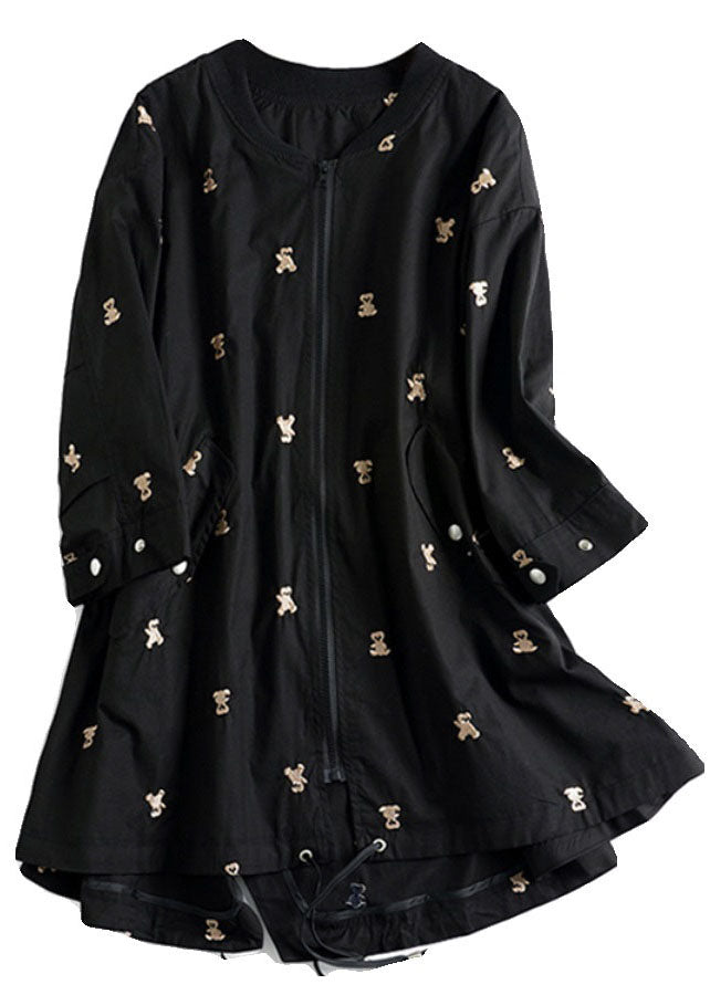 Black Little Bear Embroidered Zippered Cotton Coat Long Sleeve
