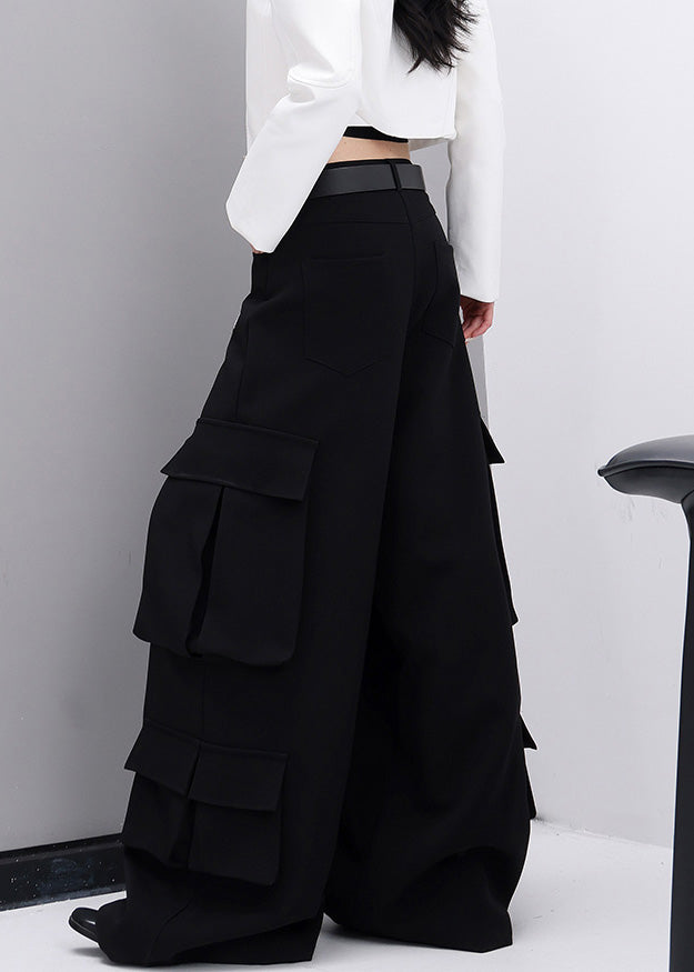 Black Pockets Cotton Wide Leg Pants Fall