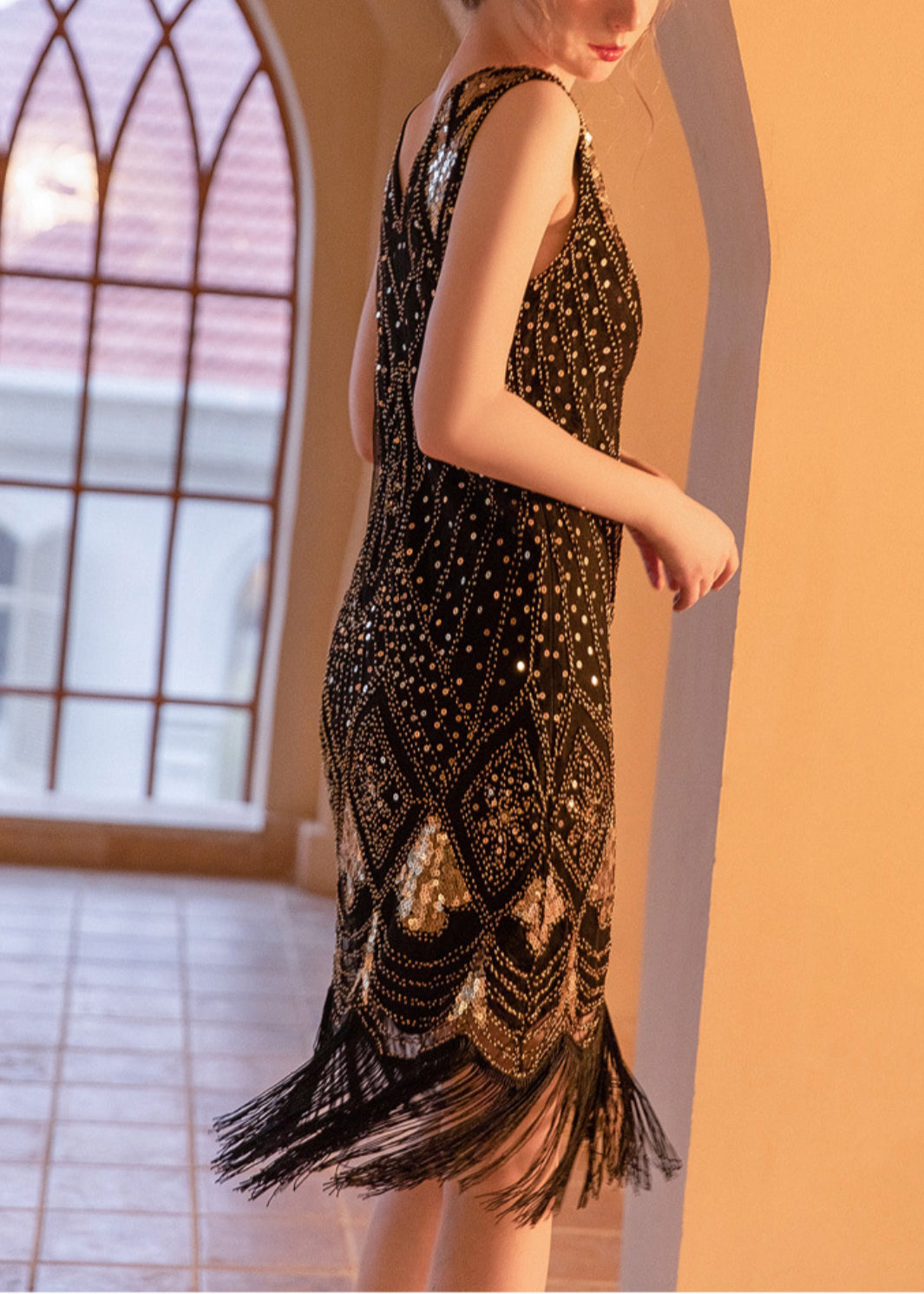 Black Tasseled Lace Mini Dress Sleeveless