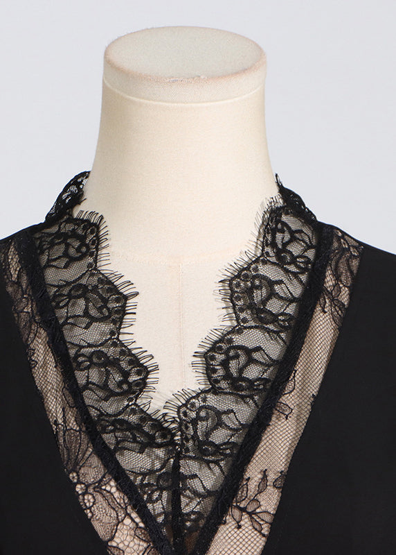 Black V Neck Lace Patchwork Maxi Dresses Puff Sleeve