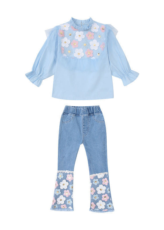 Blue Ruffled Cotton Tops and Denim Pants Baby Two Pieces Set Fall