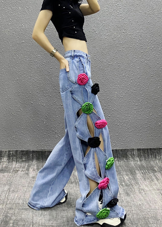 Blue Hollow Out Patchwork Denim Pants Spring