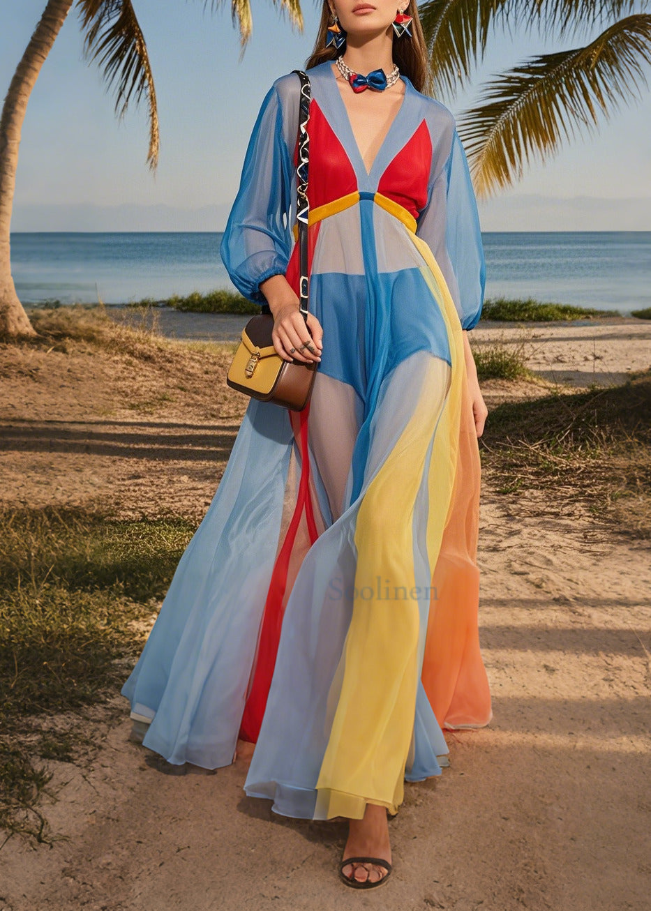 Blue V Neck Patchwork Tulle Maxi Dresses Summer