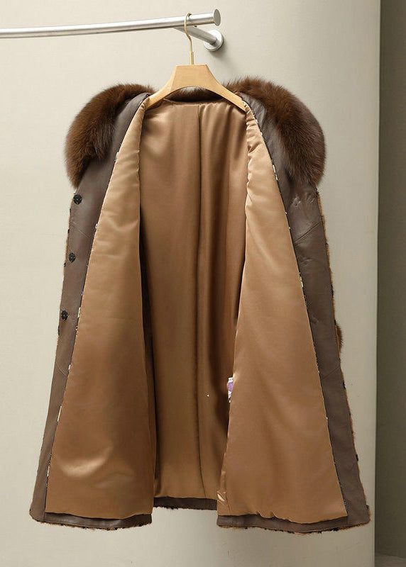 Coffe Leather and Fur Long Coats Print Mink Velvet Spring