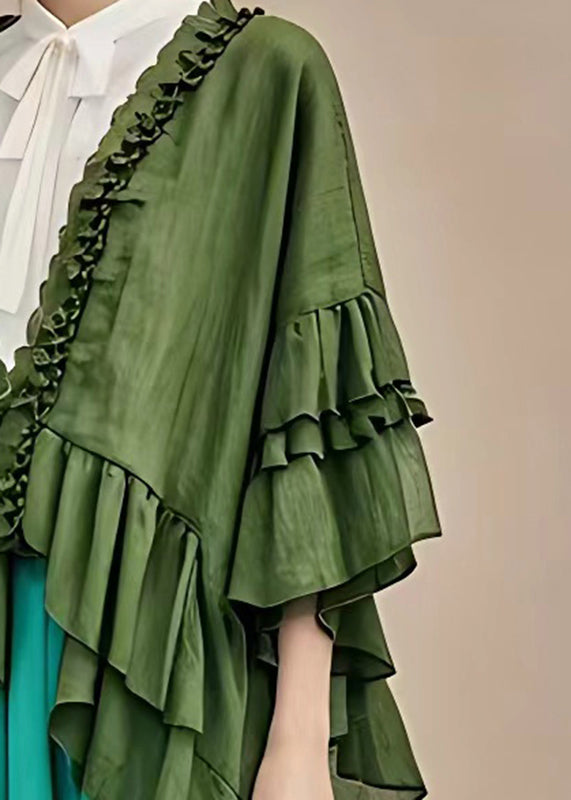 Dull Green V Neck Ruffled Patchwork Coats Long Sleeve