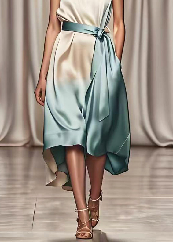 Gradient Color Tie Waist Draping Silk Maxi Dresses Summer