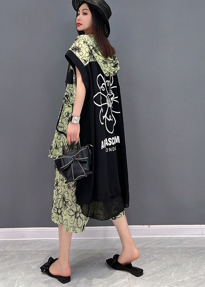 Green Hooded Patchwork Print Low High Design Chiffon Two Pieces Set Summer