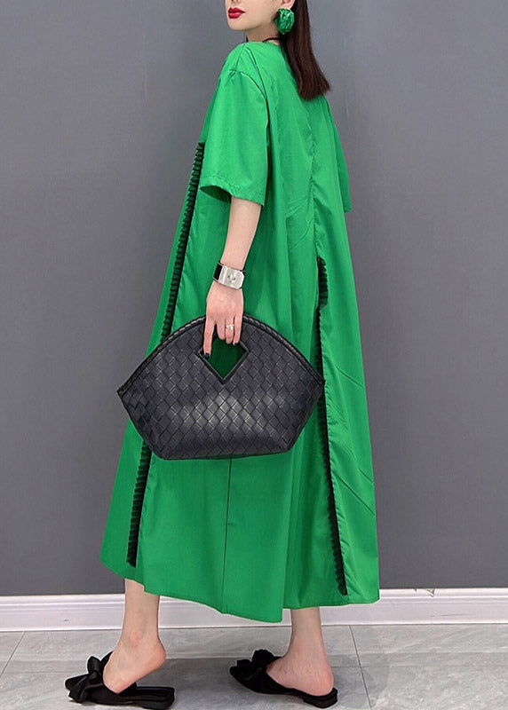 Green O-neck Ruffled Patchwork Pockets Long Dress Short Sleeve