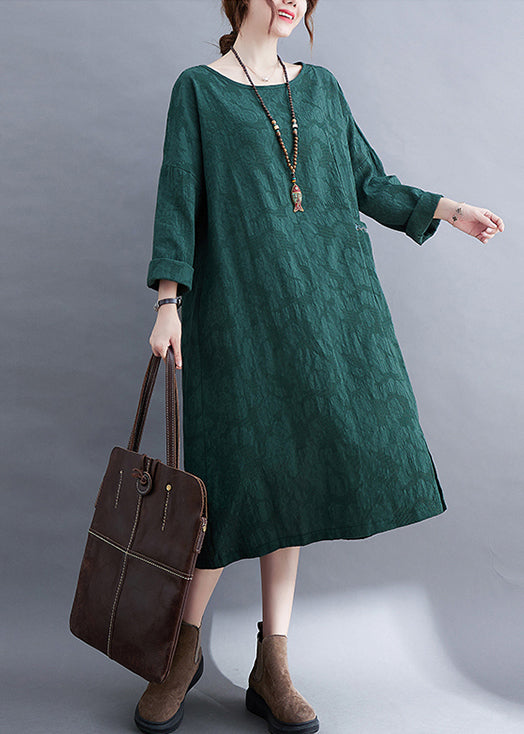 Green O-neck Side Open Jacquard Pocket Linen Dress Long Sleeve