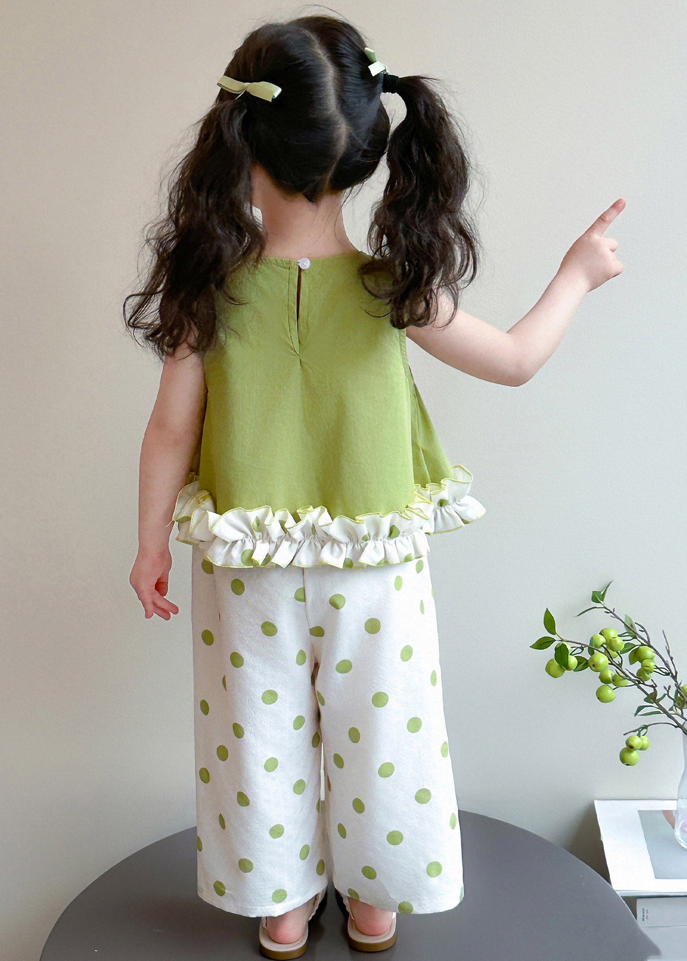 Green Patchwork Kids Vest and Crop Pants Two Pieces Set Sleeveless