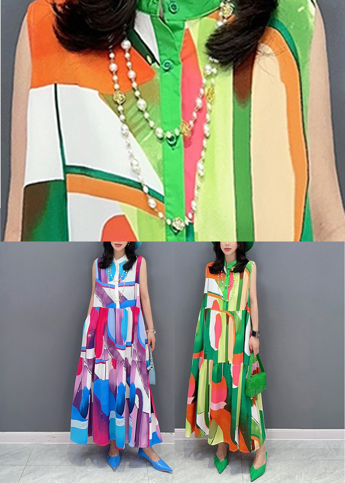 Green Print Button Vacation Maxi Dresses Sleeveless