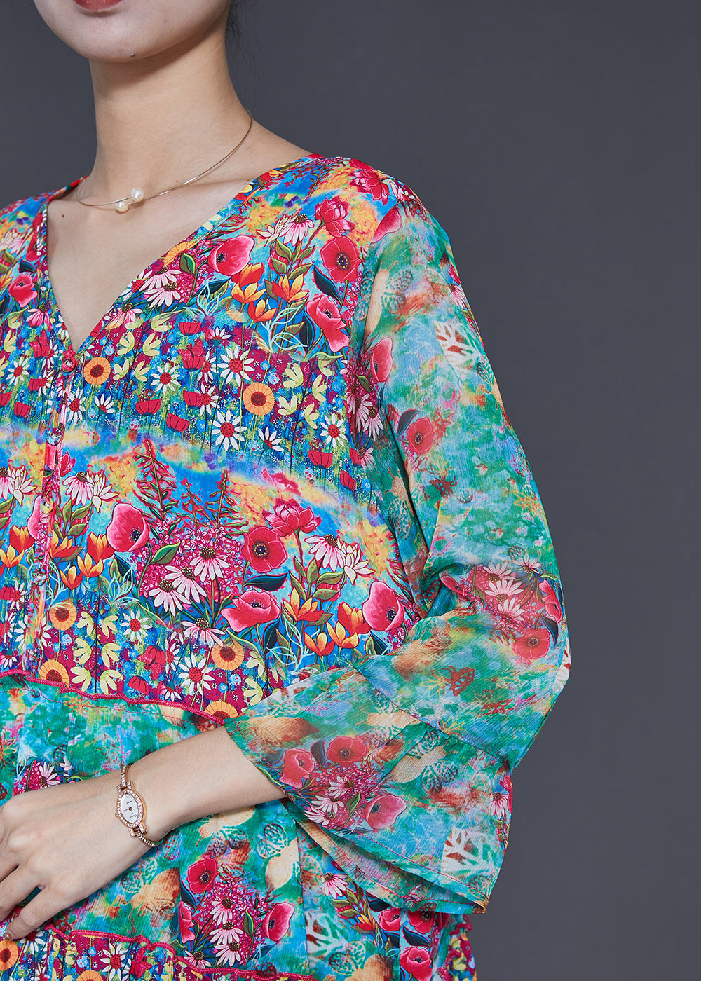 Green V Neck Print Silk Holiday Dress Summer
