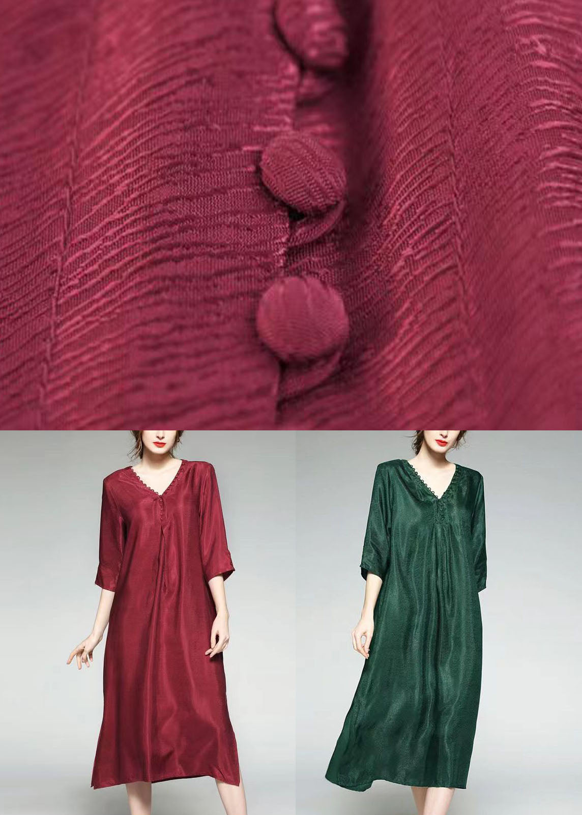 Green V Neck Wrinkled Jacquard Patchwork Silk Dress Summer