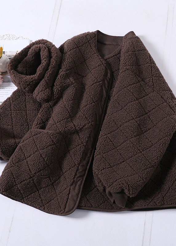 Khaki O-neck Button Pockets Faux Fur Coat Winter