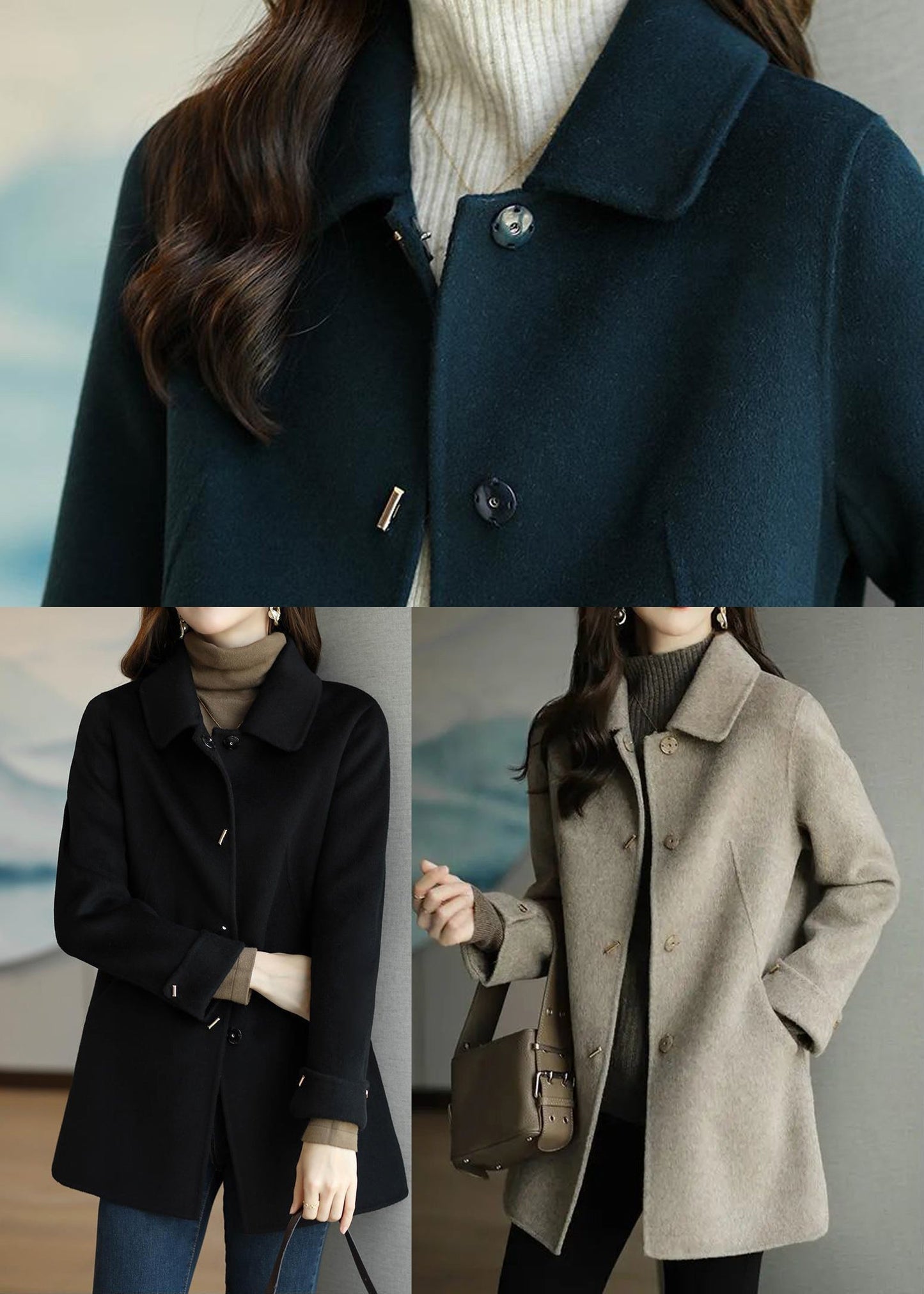 Navy Peter Pan Collar Slim Fit Woolen Trench Fall