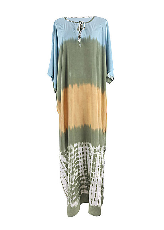 Neck Tie Print Long Beach Dress Short Sleeve