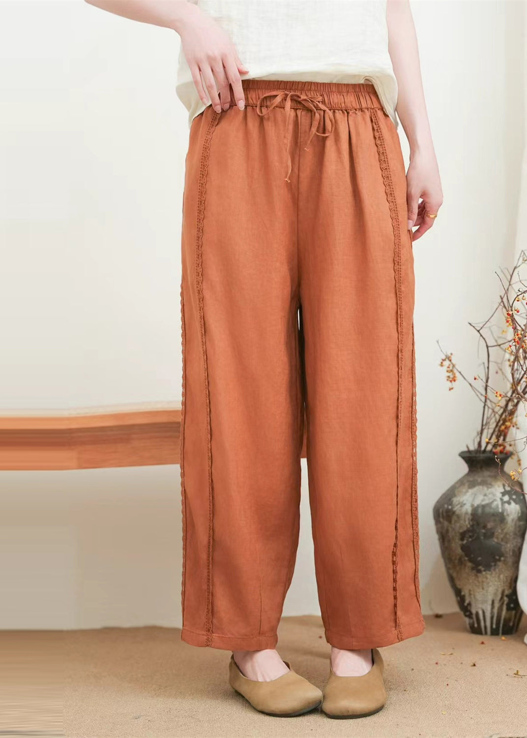 Orange Oversized Patchwork Lace Pants Summer