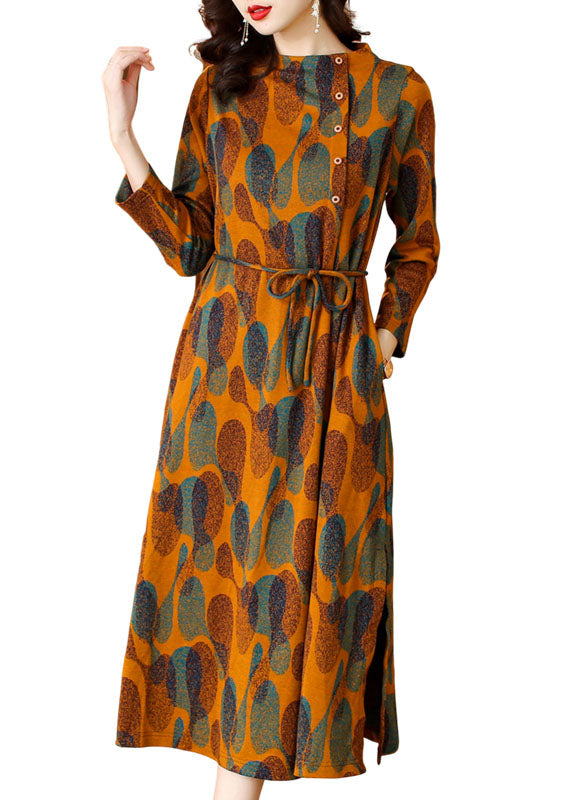 Orange Print Tie Waist Long Dresses Long Sleeve