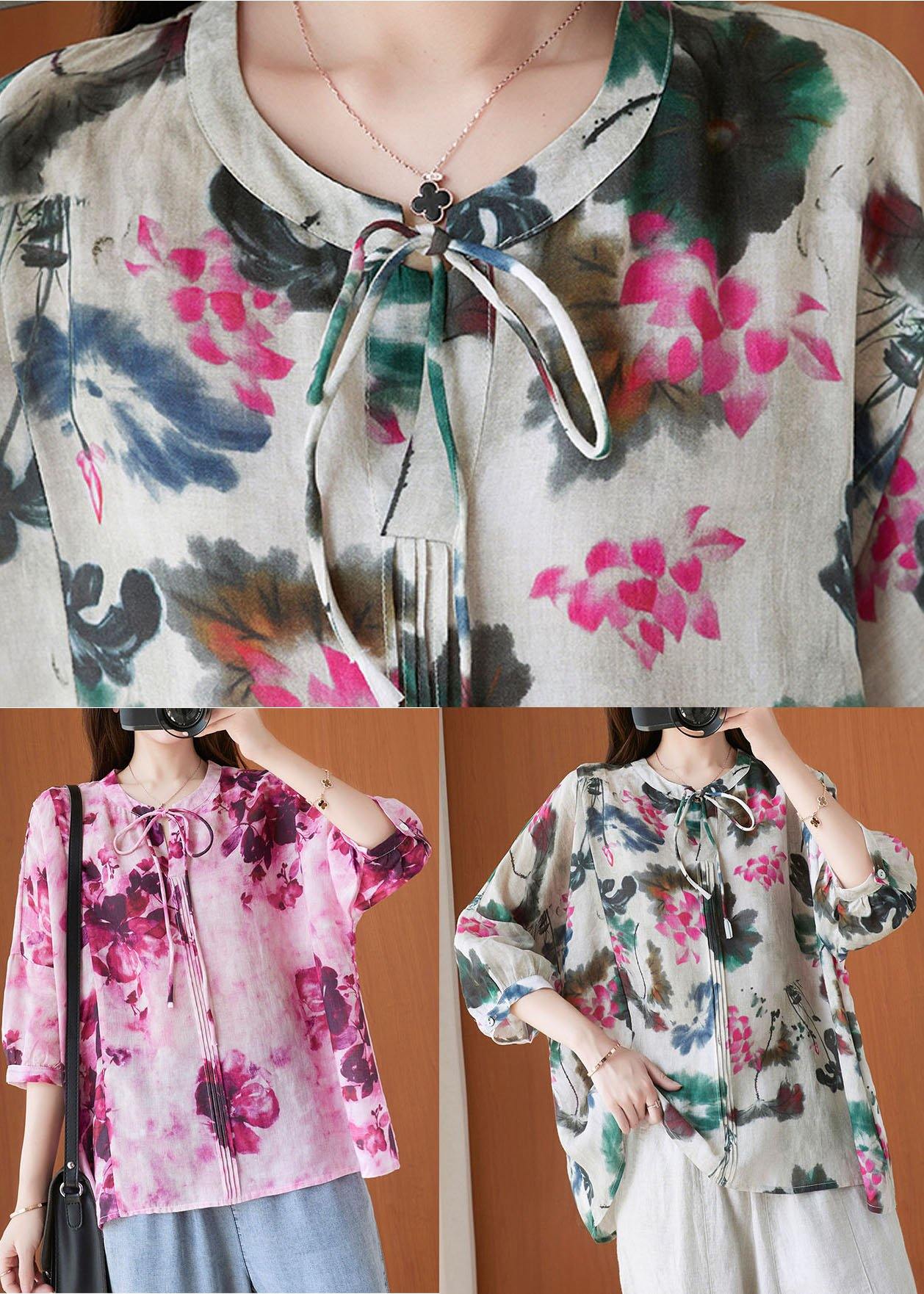 Pink Print Short Sleeve Summer Cotton Shirt Top
