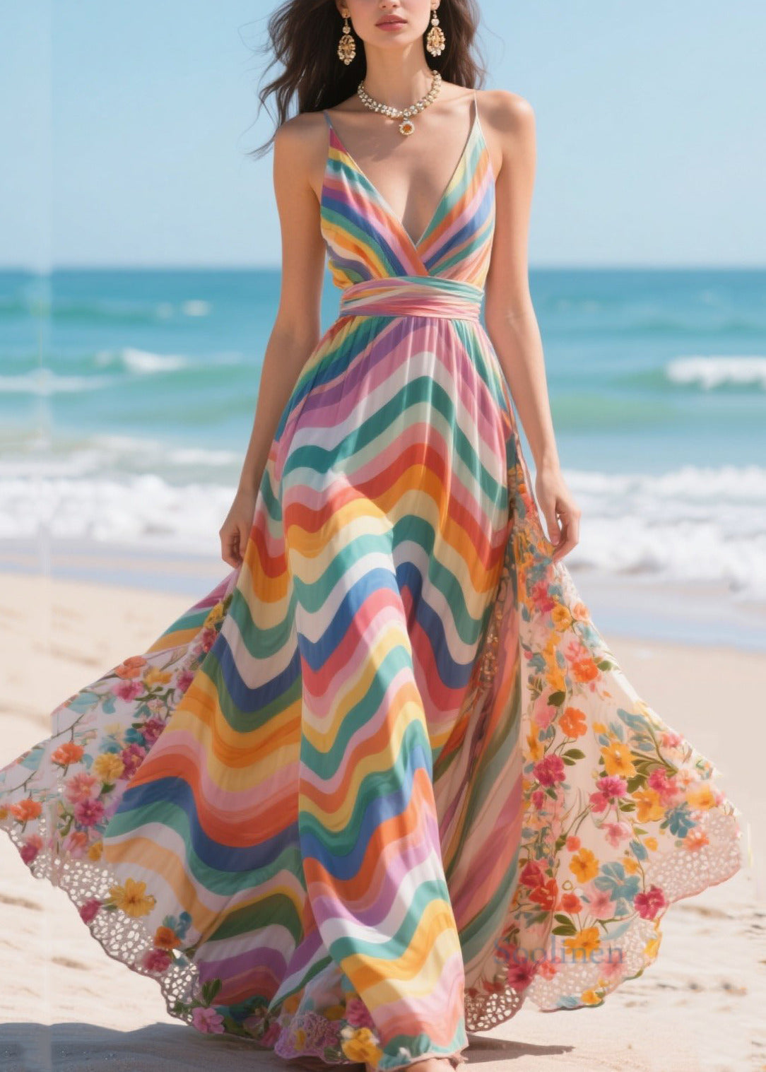 Rainbow Patchwork Exra Large Hem Chiffon Mini Dress Summer