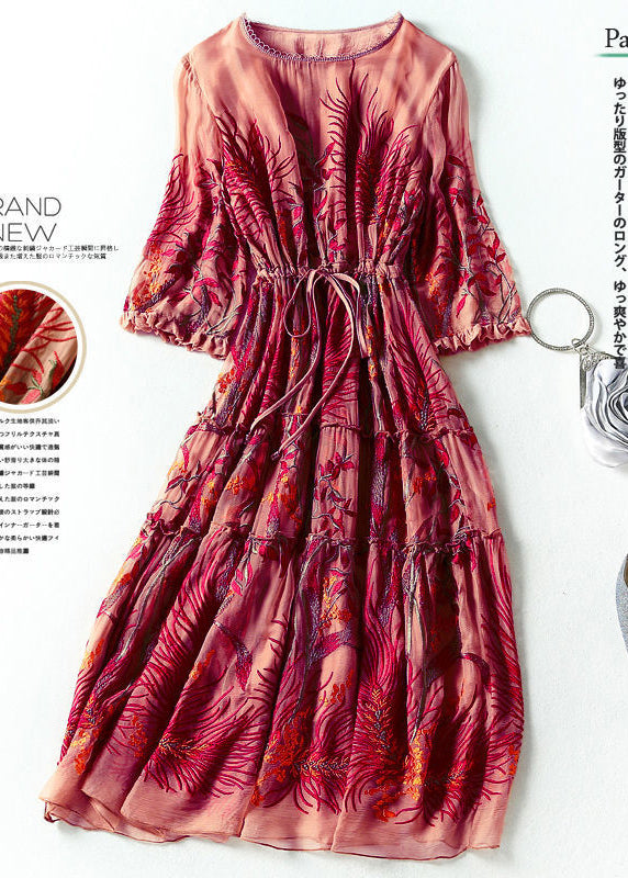 Red Embroideried Cinched Silk Dresses Bracelet Sleeve